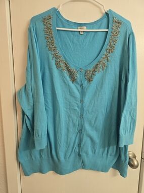 Halogen Turquoise Beaded Button-Front Top